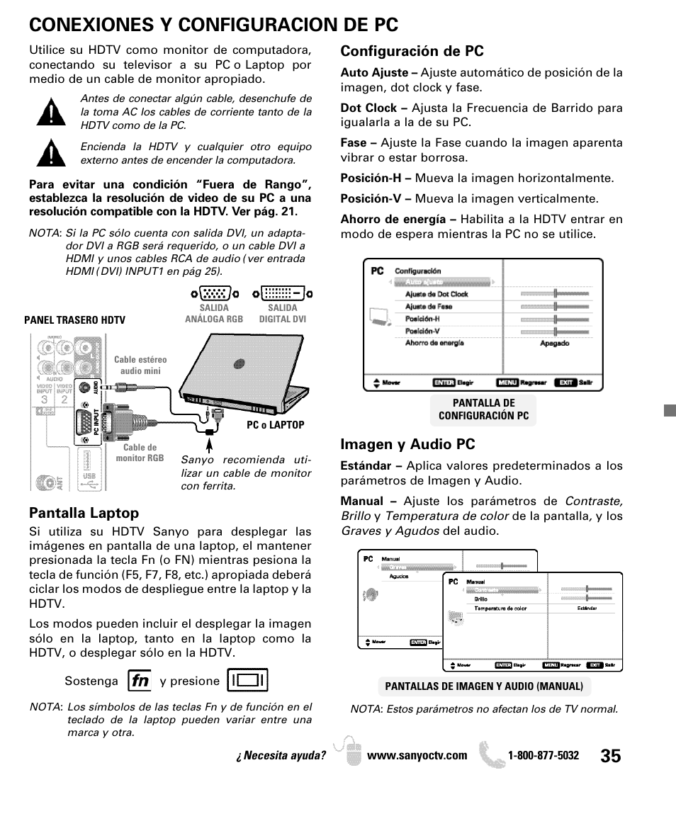 Conexiones y configuracion de pc, Configuración de pc, Imagen y audio pc | Pantalla laptop | Sanyo DP52440 User Manual | Page 35 / 56