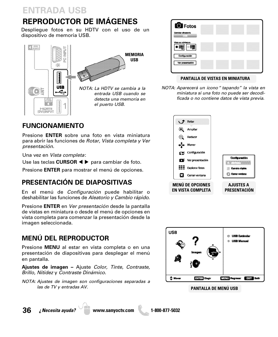 Entrada usb, Reproductor de imágenes, Funcionamiento | Presentación de diapositivas, Menú del reproductor | Sanyo DP52440 User Manual | Page 36 / 56