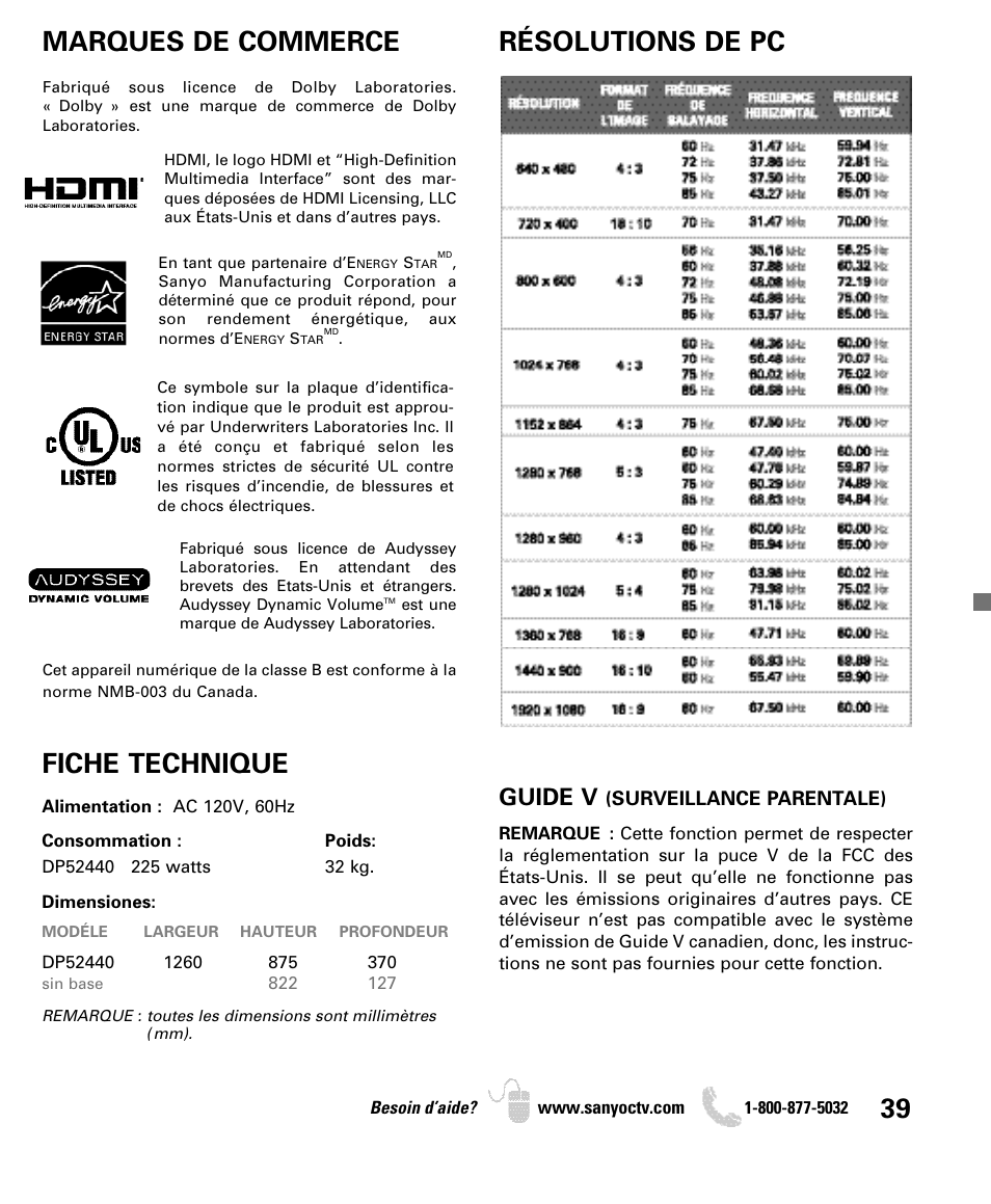 Résolutions de pc fiche technique, Marques de commerce, Guide v | Sanyo DP52440 User Manual | Page 39 / 56