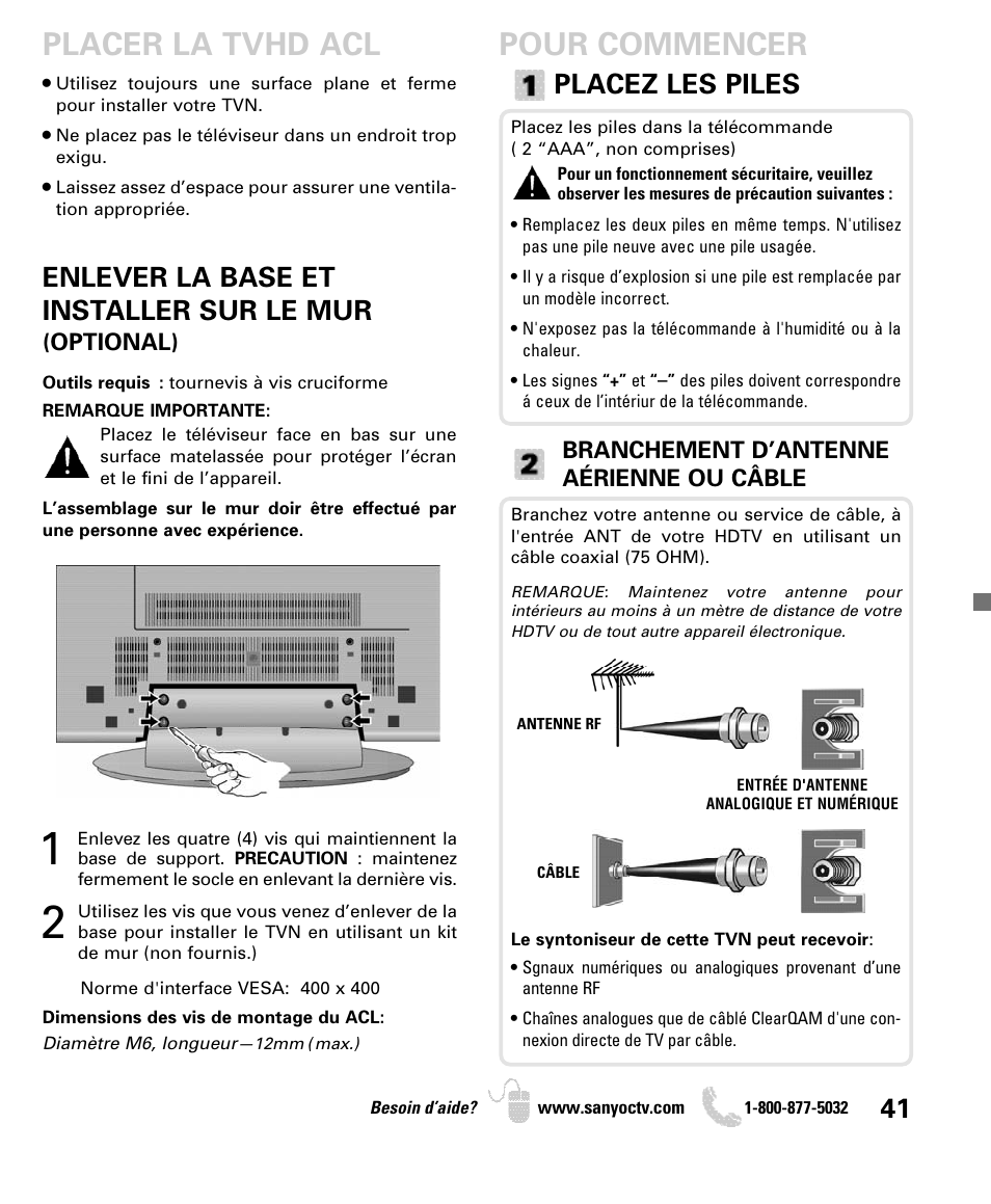 Pour commencer, Placer la tvhd acl, Placez les piles | Enlever la base et installer sur le mur | Sanyo DP52440 User Manual | Page 41 / 56
