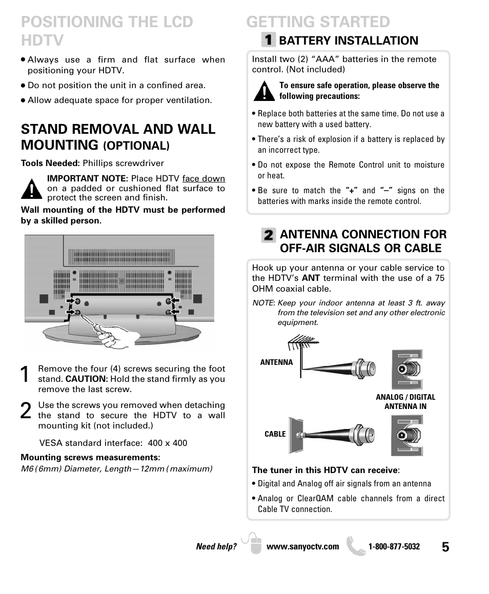 Getting started, Positioning the lcd hdtv, Stand removal and wall mounting | Sanyo DP52440 User Manual | Page 5 / 56