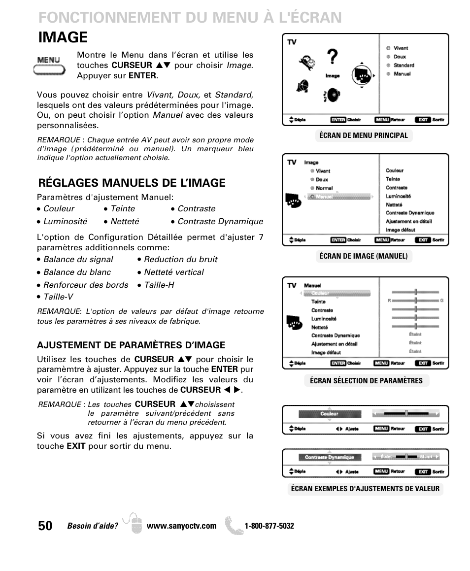 Image fonctionnement du menu à l'écran, Réglages manuels de l’image | Sanyo DP52440 User Manual | Page 50 / 56