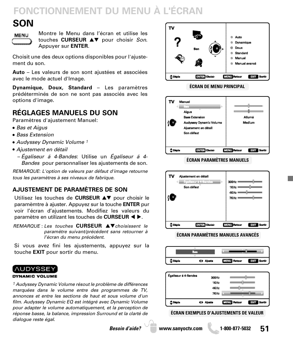 Fonctionnement du menu à l'écran, Réglages manuels du son | Sanyo DP52440 User Manual | Page 51 / 56