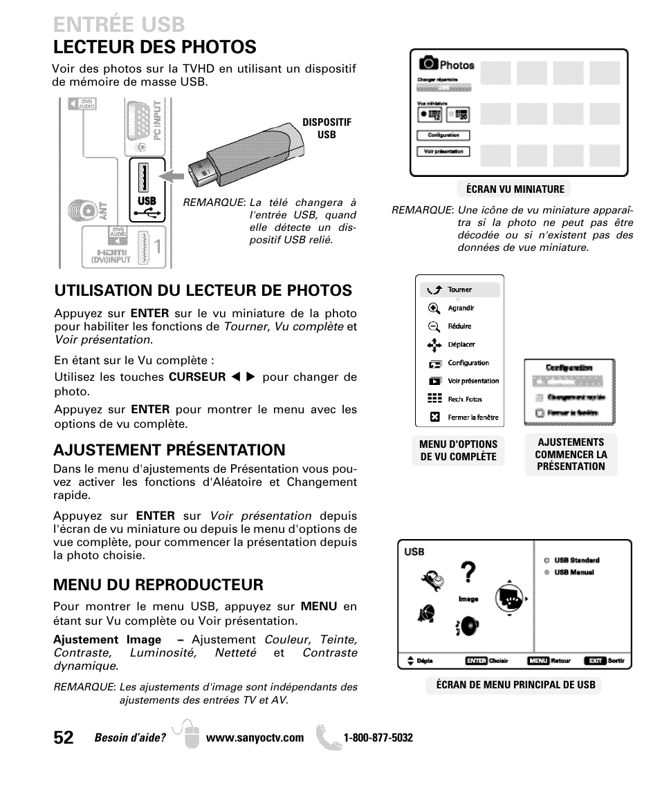 Entrée usb, Lecteur des photos, Utilisation du lecteur de photos | Ajustement présentation, Menu du reproducteur | Sanyo DP52440 User Manual | Page 52 / 56