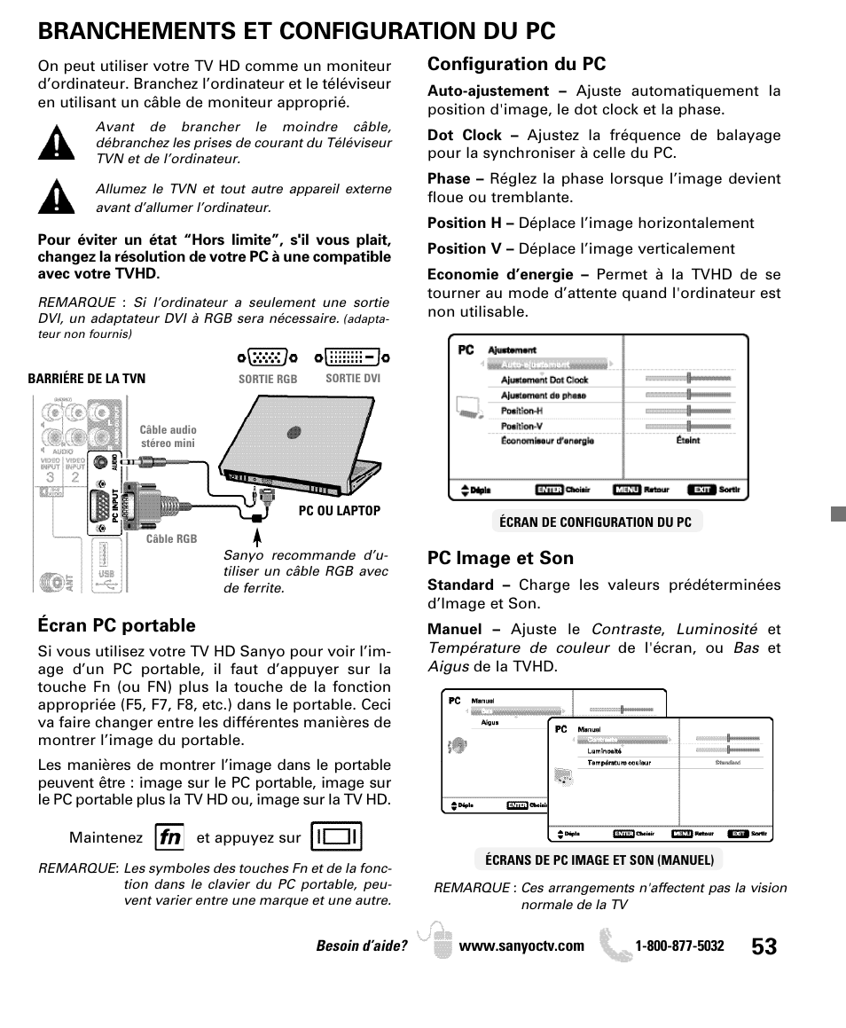 Branchements et configuration du pc, Configuration du pc, Pc image et son | Écran pc portable | Sanyo DP52440 User Manual | Page 53 / 56