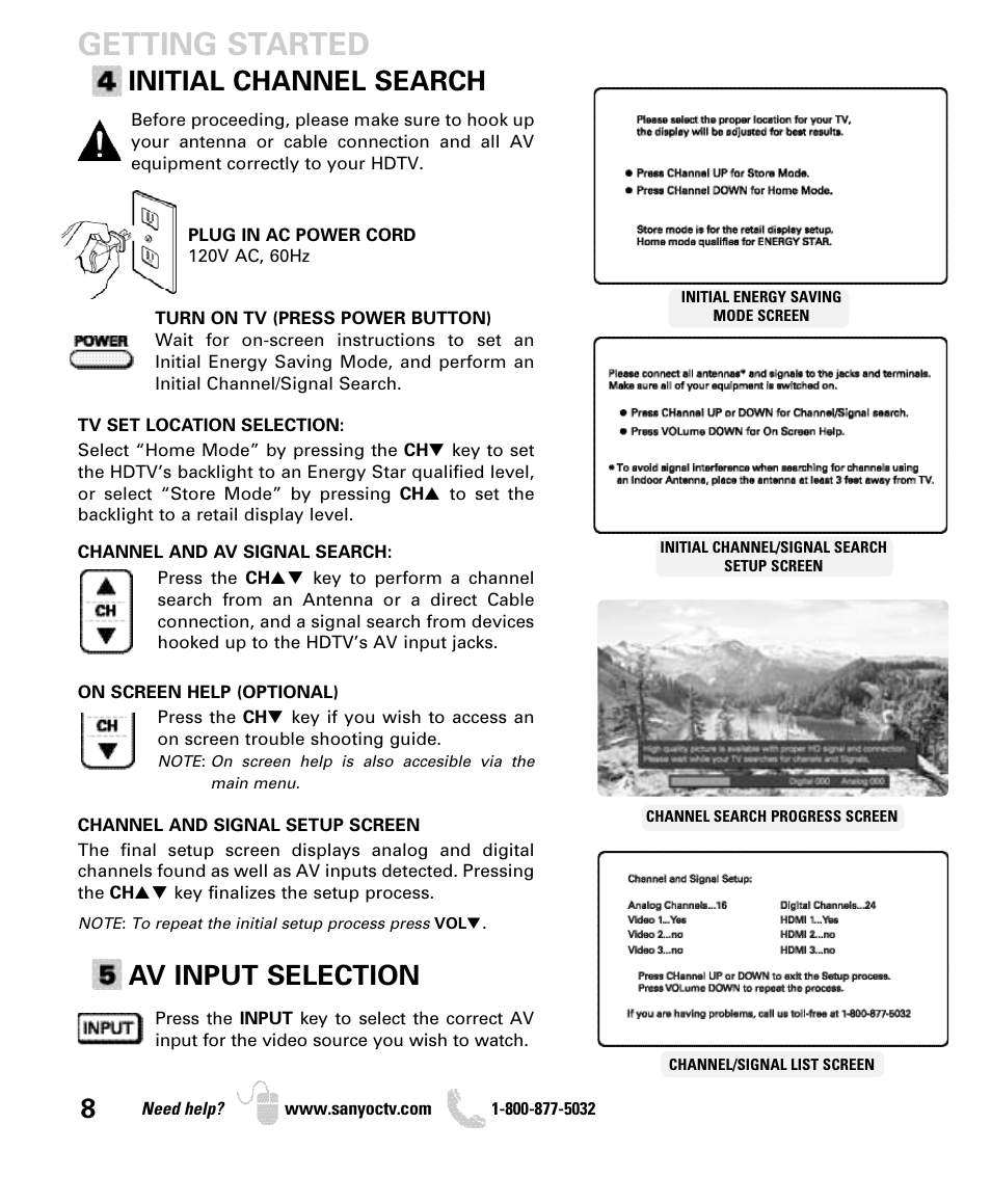 Getting started, Initial channel search, Av input selection | Sanyo DP52440 User Manual | Page 8 / 56