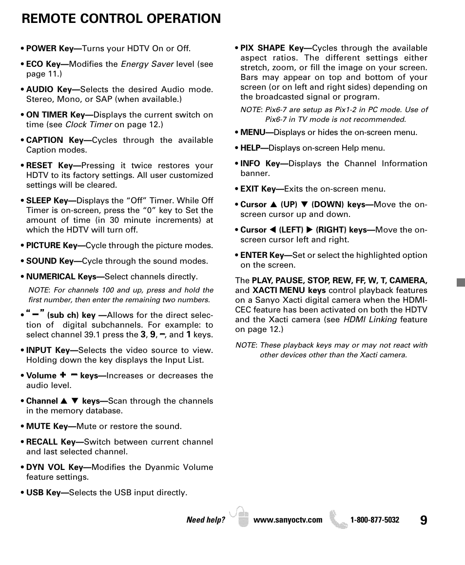 Remote control operation | Sanyo DP52440 User Manual | Page 9 / 56