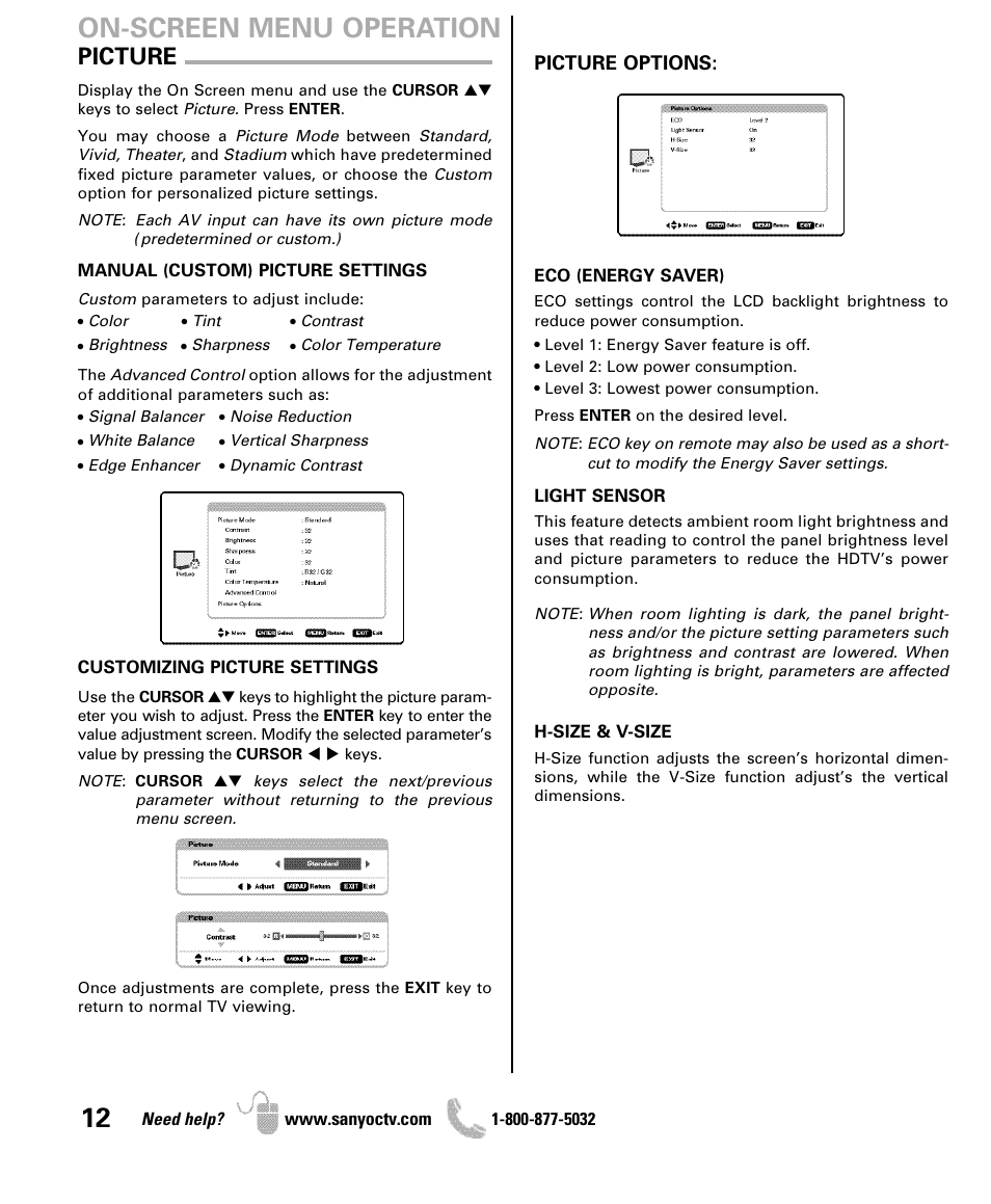 On-screen menu operation, Picture | Sanyo DP50741 User Manual | Page 12 / 48