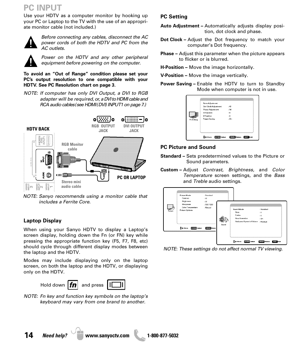 Pc input | Sanyo DP50741 User Manual | Page 14 / 48