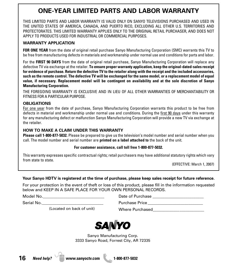 One-year limited parts and labor warranty | Sanyo DP50741 User Manual | Page 16 / 48