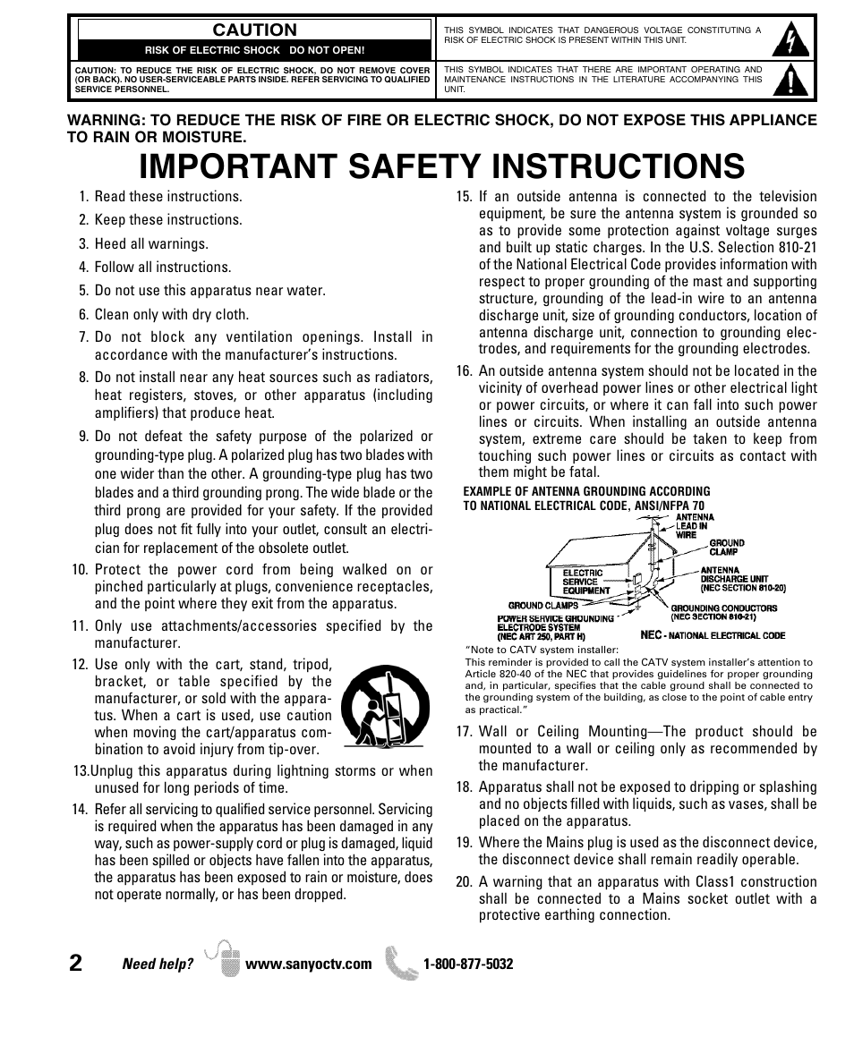 Important safety instructions | Sanyo DP50741 User Manual | Page 2 / 48