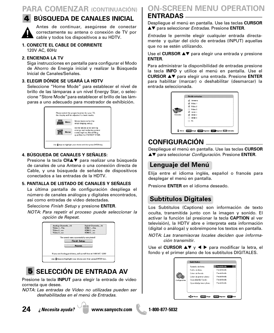 Para comenzar, On-screen menu operation, Selección de entrada av | Entradas, Configuración, Lenguaje del menú, Subtítulos digitales, Búsqueda de canales inicial | Sanyo DP50741 User Manual | Page 24 / 48