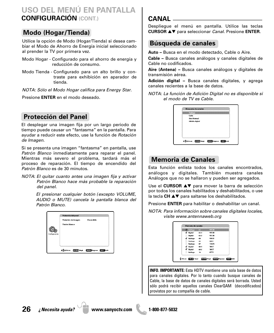 Uso del menú en pantalla, Canal, Búsqueda de canales | Configuración, Modo (hogar/tienda), Protección del panel | Sanyo DP50741 User Manual | Page 26 / 48
