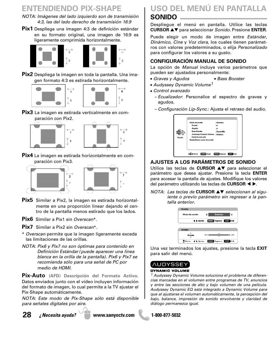 Entendiendo pix-shape, Uso del menú en pantalla, Sonido | Sanyo DP50741 User Manual | Page 28 / 48