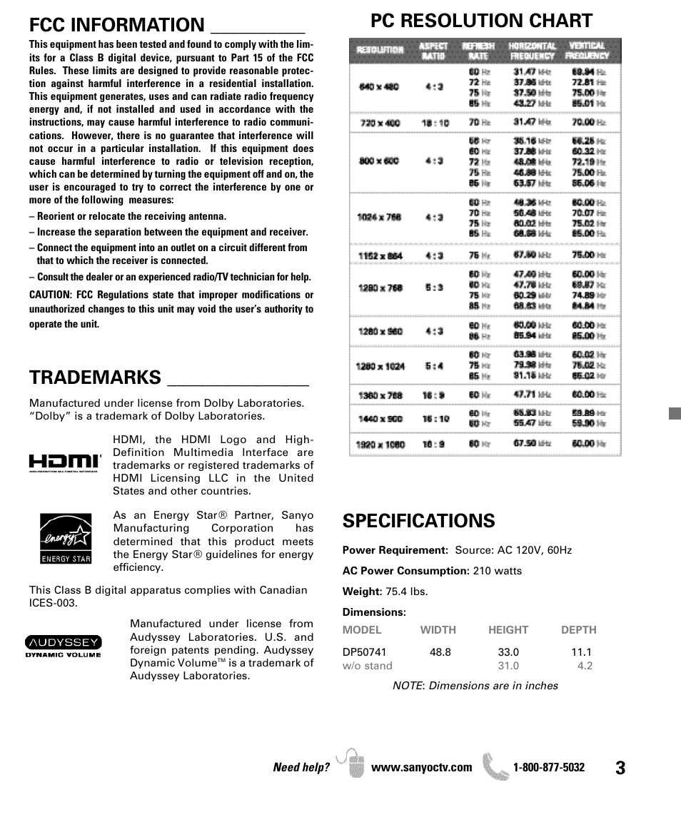 Pc resolution chart fcc information, Trademarks, Specifications | Sanyo DP50741 User Manual | Page 3 / 48