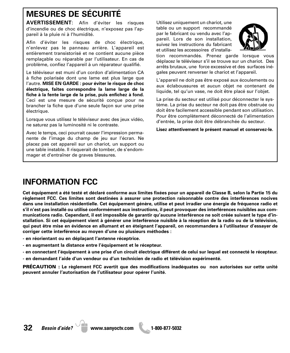 Mesures de sécurité, Information fcc | Sanyo DP50741 User Manual | Page 32 / 48