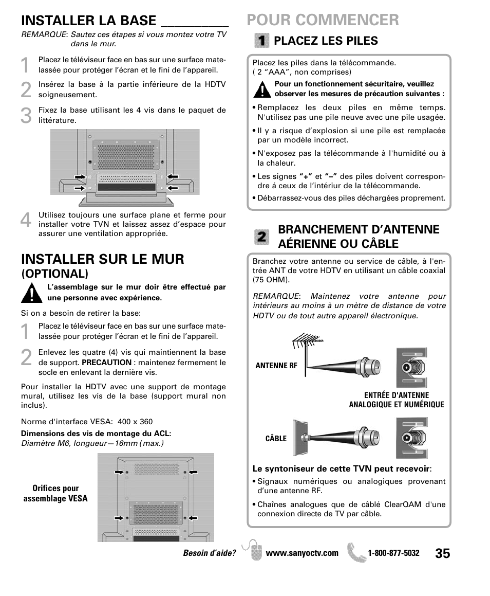 Pour commencer, Installer sur le mur, Installer la base | Sanyo DP50741 User Manual | Page 35 / 48