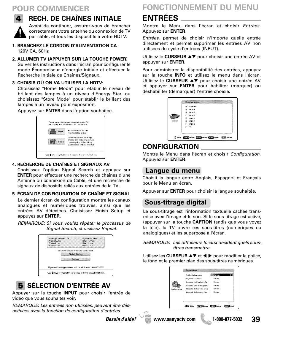 Pour commencer, Entrées, Fonctionnement du menu | Rech. de chaînes initiale, Sélection d'entrée av, Configuration, Langue du menu, Sous-titrage digital | Sanyo DP50741 User Manual | Page 39 / 48