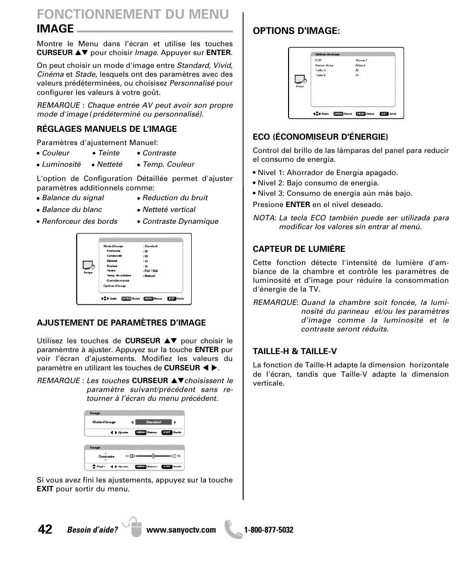 Fonctionnement du menu, Image | Sanyo DP50741 User Manual | Page 42 / 48