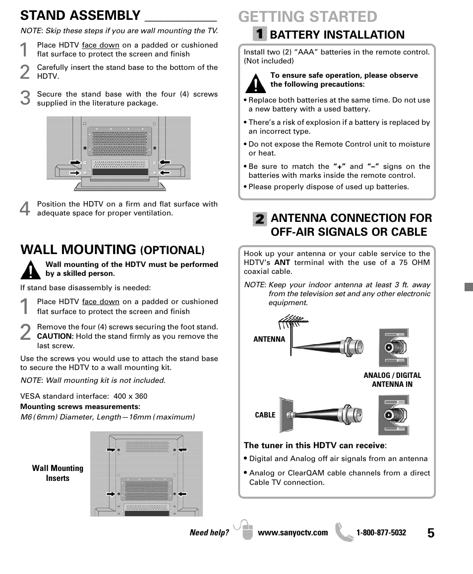 Getting started, Wall mounting, Stand assembly | Sanyo DP50741 User Manual | Page 5 / 48