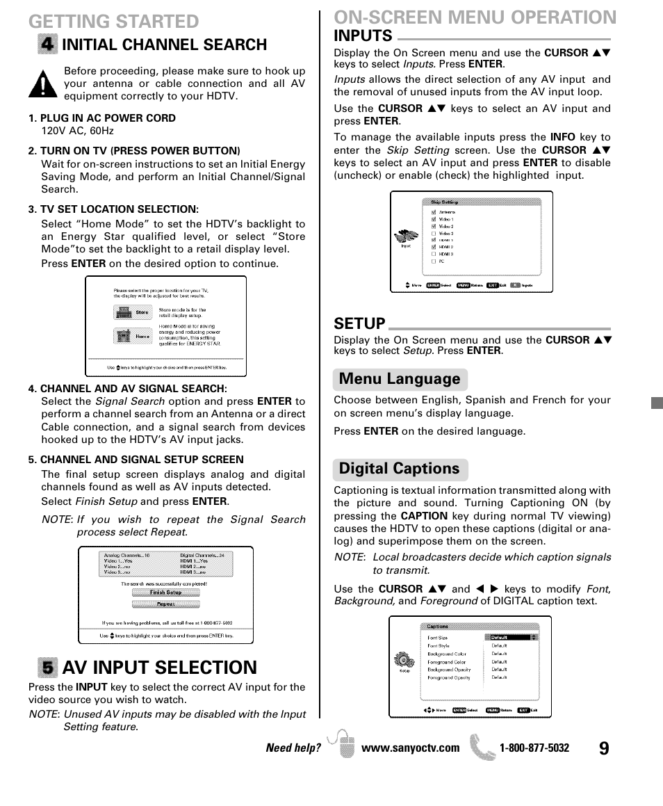 Getting started, Av input selection, On-screen menu operation | Initial channel search, Inputs, Menu language setup, Digital captions | Sanyo DP50741 User Manual | Page 9 / 48