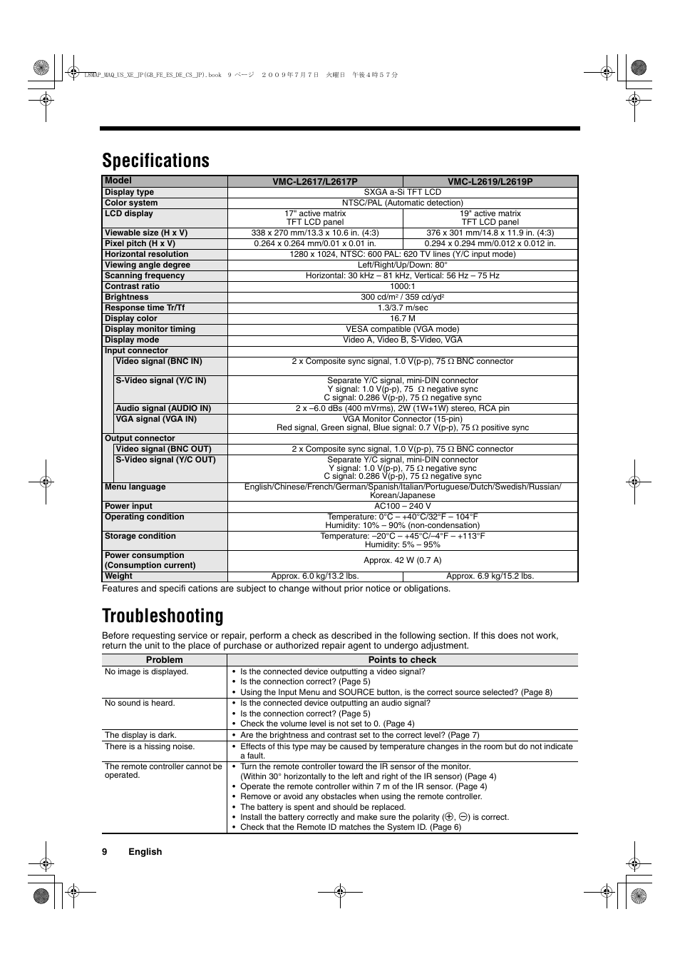 Specifications, Troubleshooting | Sanyo VMC-L2617 User Manual | Page 10 / 64