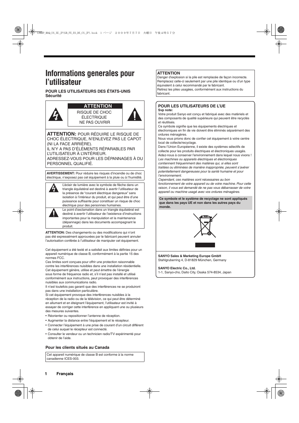 Informations generales pour l’utilisateur | Sanyo VMC-L2617 User Manual | Page 12 / 64