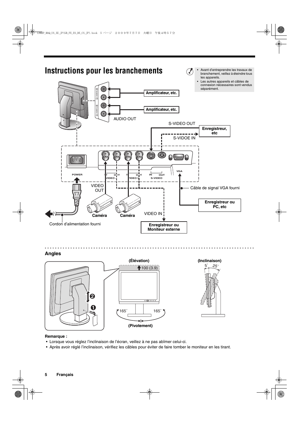 Instructions pour les branchements, Angles | Sanyo VMC-L2617 User Manual | Page 16 / 64