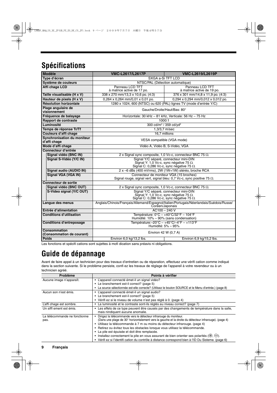 Spécifications, Guide de dépannage | Sanyo VMC-L2617 User Manual | Page 20 / 64