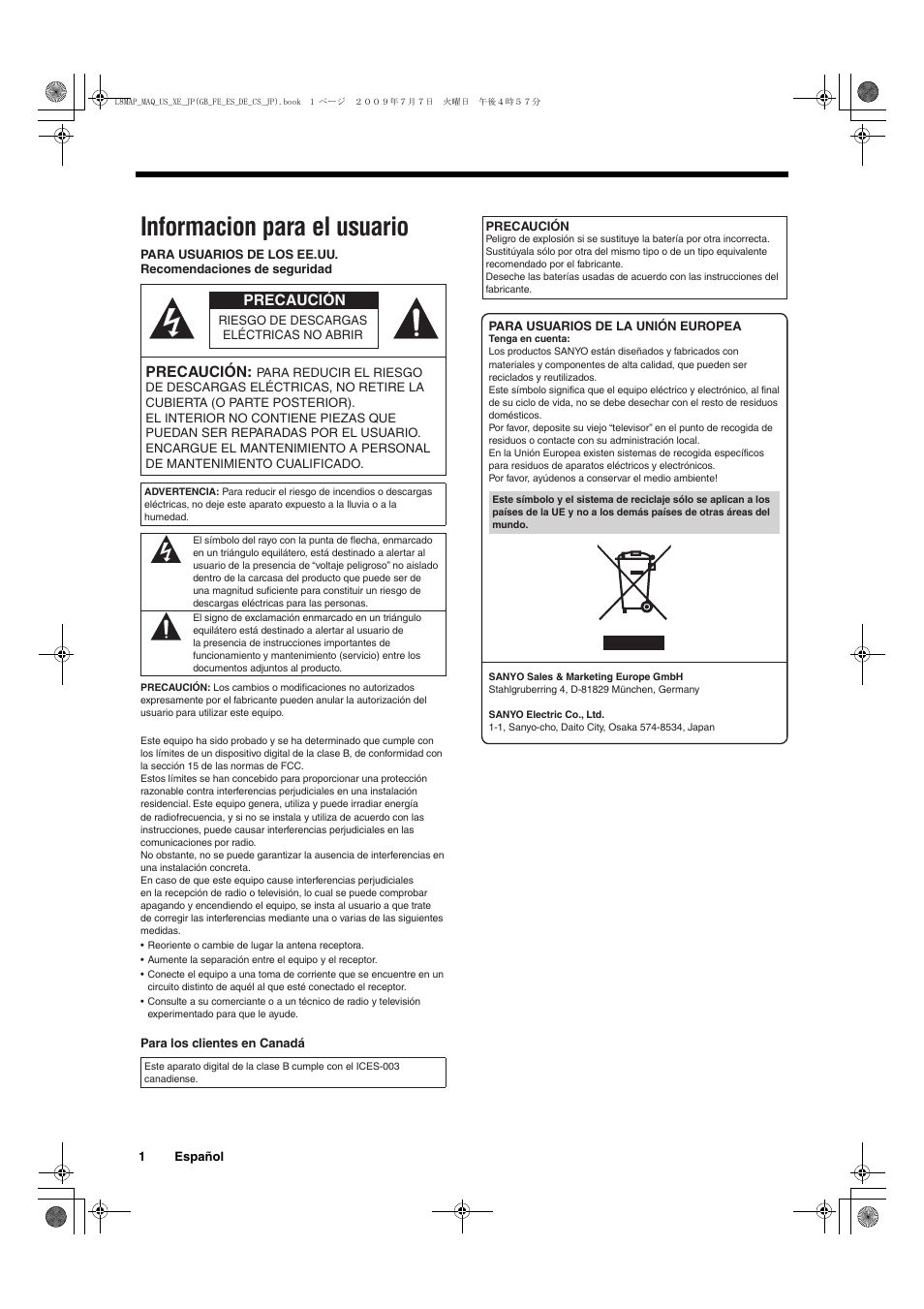 Informacion para el usuario | Sanyo VMC-L2617 User Manual | Page 22 / 64