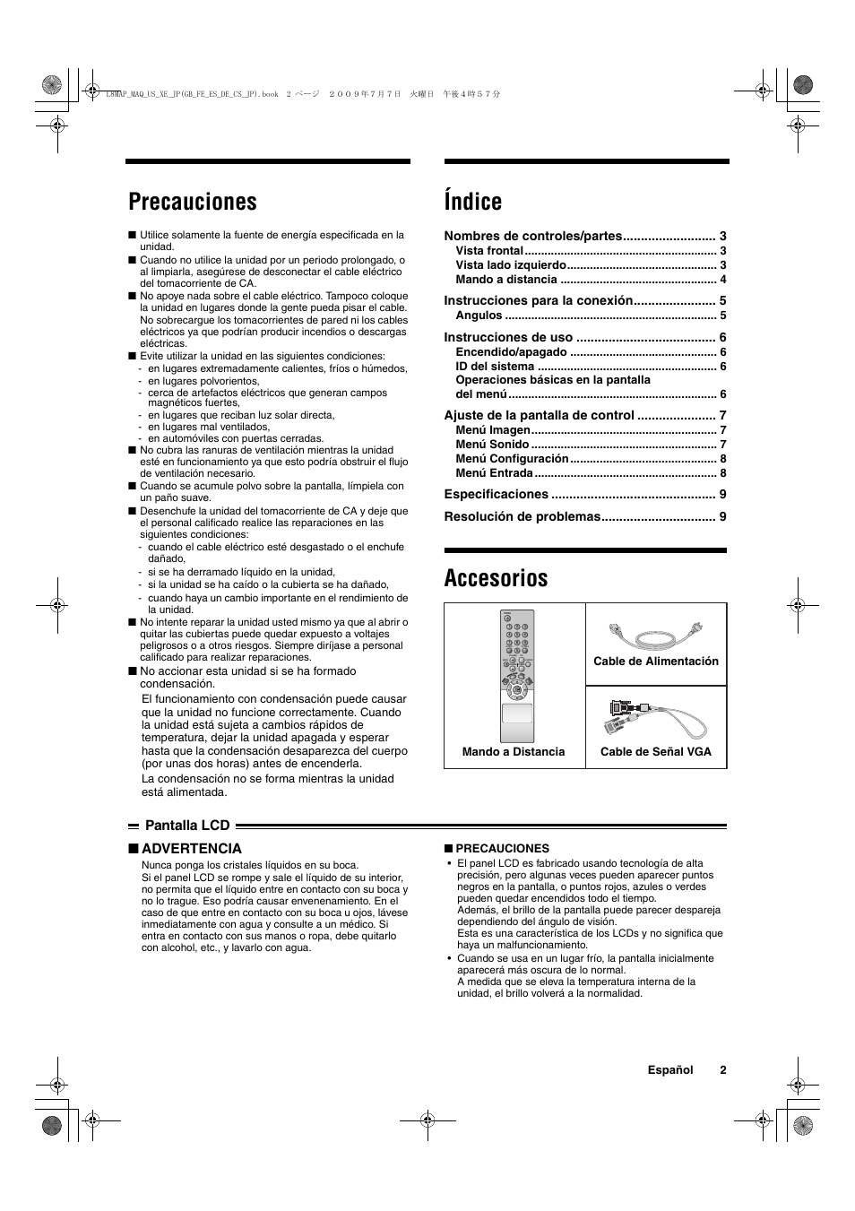 Precauciones, Índice, Accesorios | Advertencia, Pantalla lcd, Nombres de controles/partes, Instrucciones para la conexión, Instrucciones de uso, Ajuste de la pantalla de control, Especificaciones resolución de problemas | Sanyo VMC-L2617 User Manual | Page 23 / 64