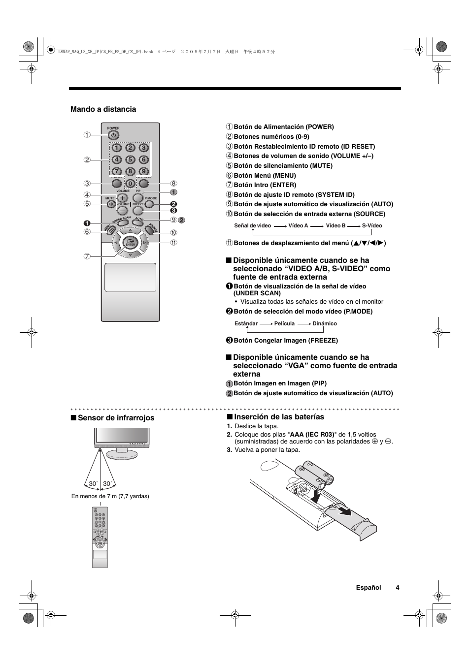 Mando a distancia ■ sensor de infrarrojos, Inserción de las baterías | Sanyo VMC-L2617 User Manual | Page 25 / 64