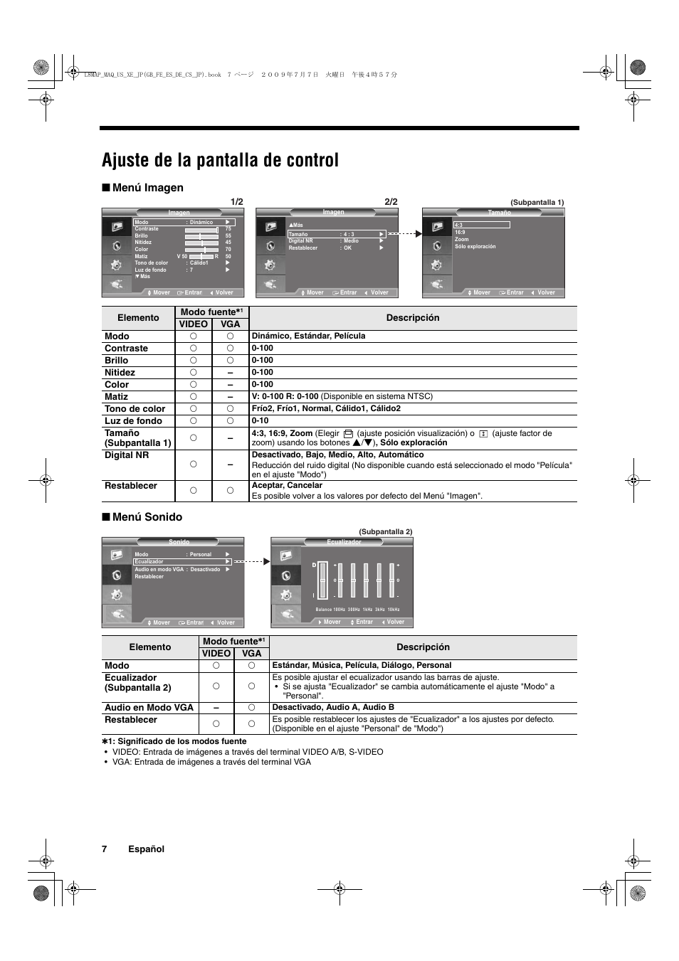 Ajuste de la pantalla de control, Menú imagen ■ menú sonido | Sanyo VMC-L2617 User Manual | Page 28 / 64