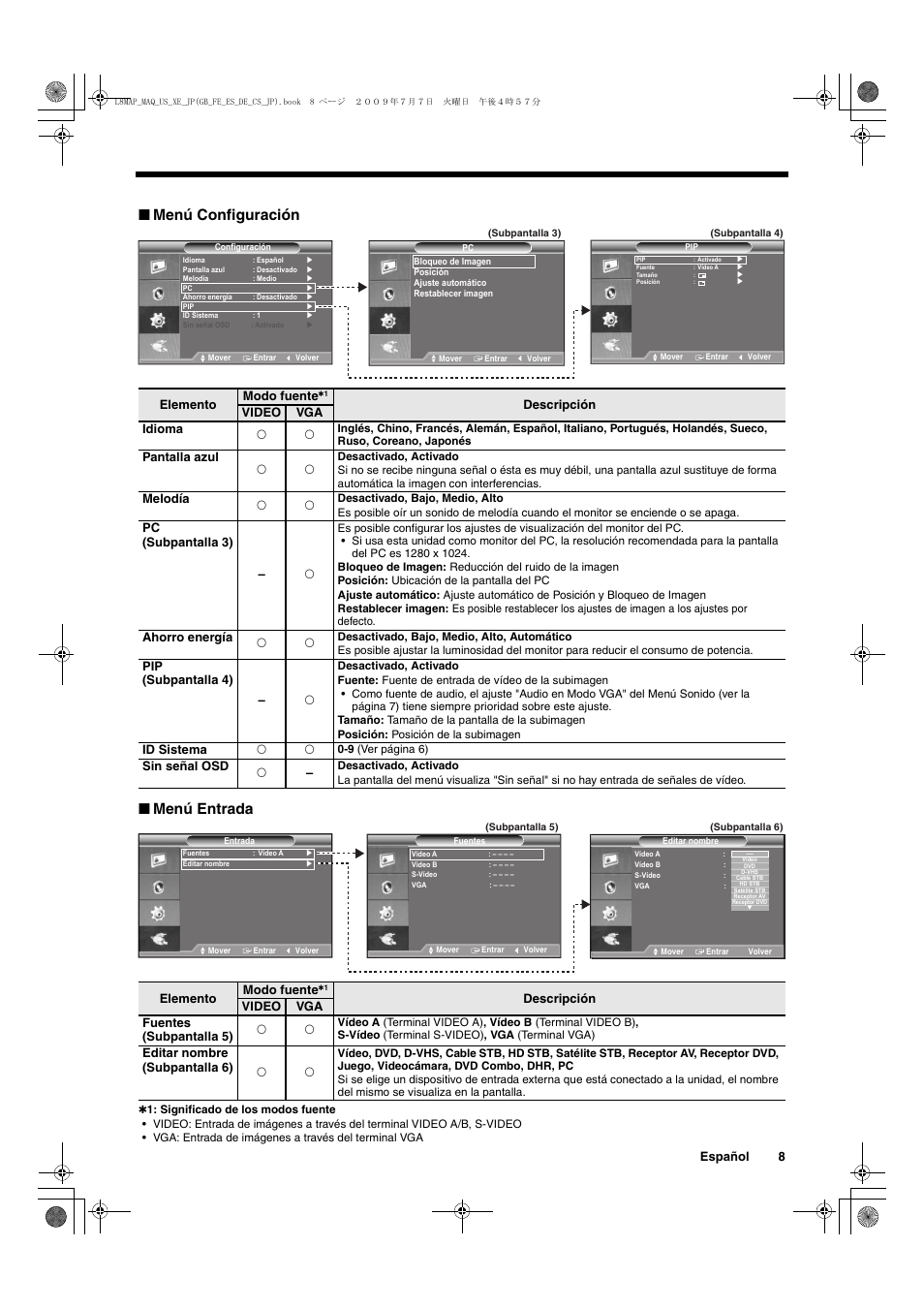 Menú configuración ■ menú entrada, Español 8, Elemento modo fuente | Descripción video vga idioma f f, Pantalla azul f f, Melodía f f, Pc (subpantalla 3) – f, Ahorro energía f f, Pip (subpantalla 4) – f, Id sistema f f | Sanyo VMC-L2617 User Manual | Page 29 / 64