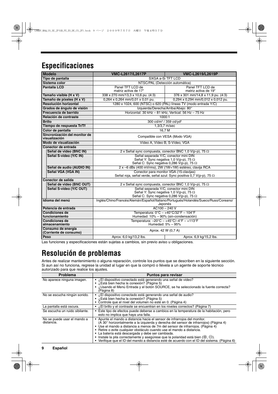 Especificaciones, Resolución de problemas | Sanyo VMC-L2617 User Manual | Page 30 / 64