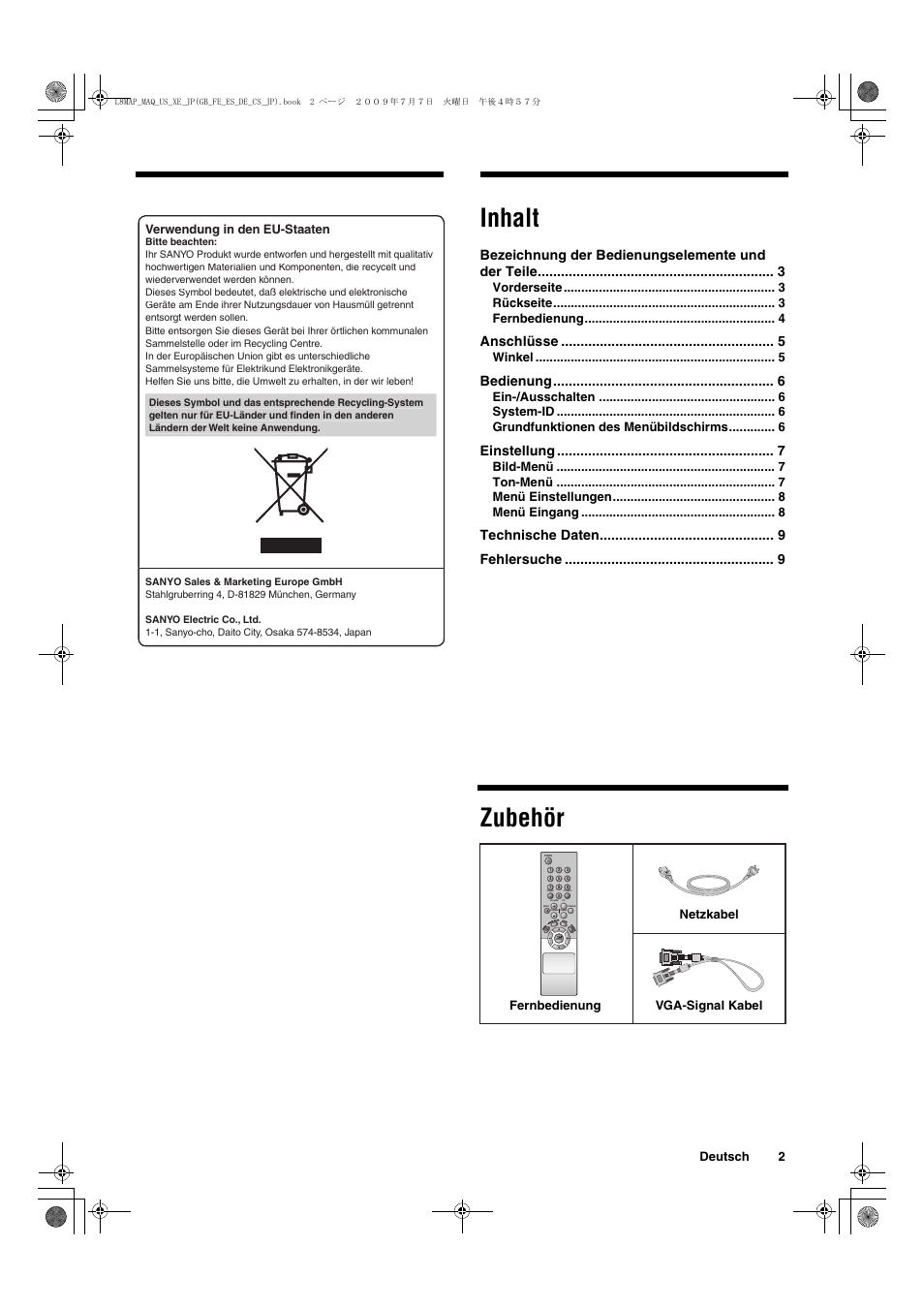 Inhalt, Zubehör, Bezeichnung der bedienungselemente und der teile | Anschlüsse, Bedienung, Einstellung, Technische daten fehlersuche, Id reset, System id, Deutsch 2 | Sanyo VMC-L2617 User Manual | Page 33 / 64