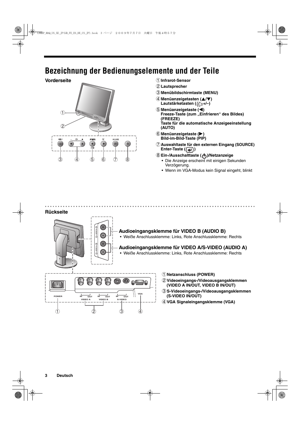 Bezeichnung der bedienungselemente und der teile, Vorderseite rückseite, 13 4 2 audioeingangsklemme für video b (audio b) | Audioeingangsklemme für video a/s-video (audio a) | Sanyo VMC-L2617 User Manual | Page 34 / 64