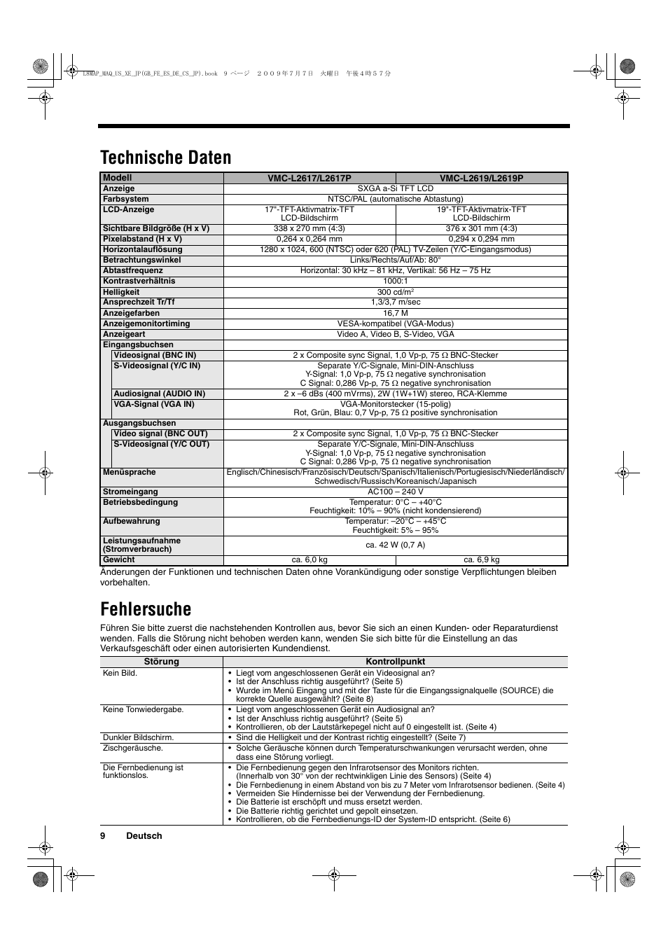 Technische daten, Fehlersuche | Sanyo VMC-L2617 User Manual | Page 40 / 64