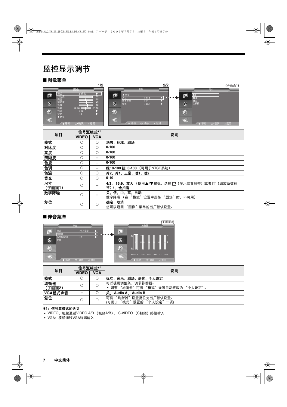 监控显示调节, 图像菜单 ■ 伴音菜单 | Sanyo VMC-L2617 User Manual | Page 48 / 64
