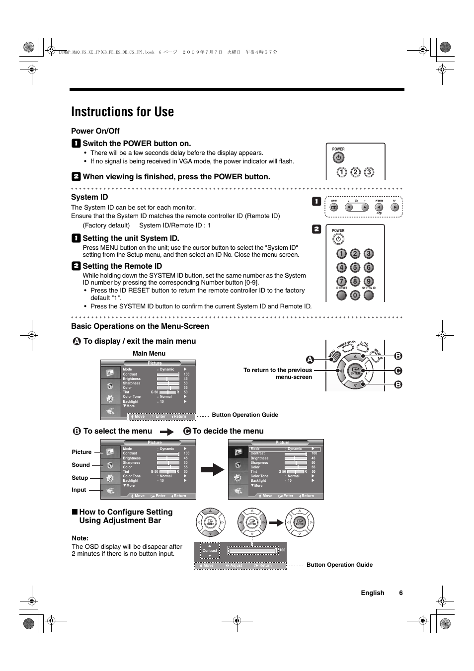 Instructions for use, Power on/off, Switch the power button on | Setting the unit system id, Setting the remote id, Basic operations on the menu-screen, Ab c b, English 6, Factory default) system id/remote id : 1, Main menu | Sanyo VMC-L2617 User Manual | Page 7 / 64