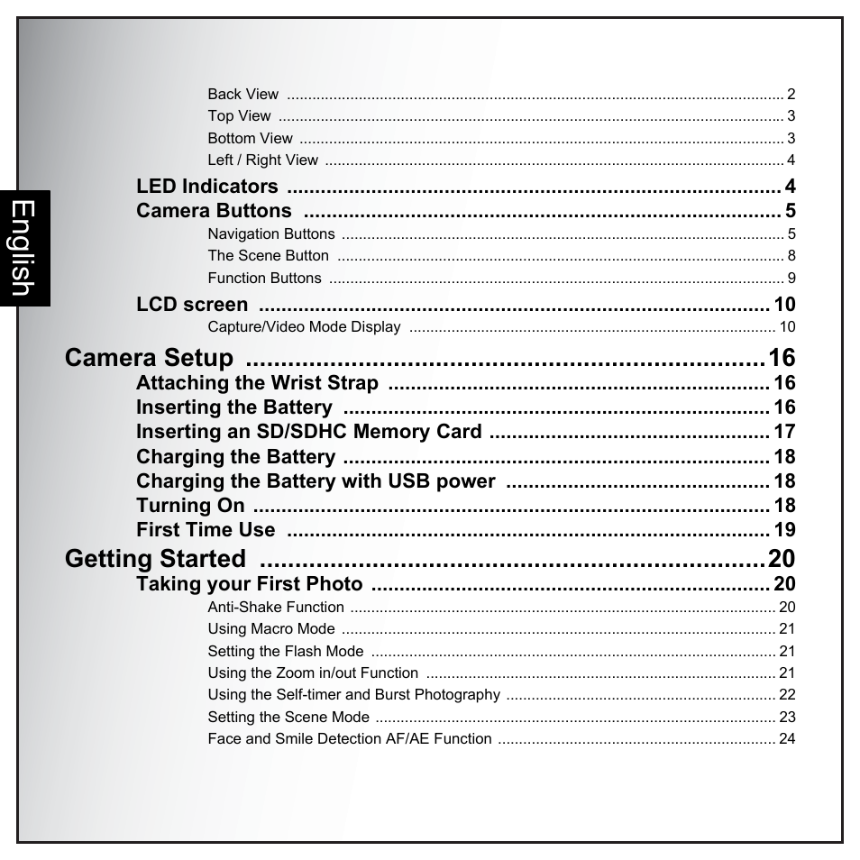 Eng lish, Camera setup, Getting started | Sanyo VPC-E890 User Manual | Page 12 / 73