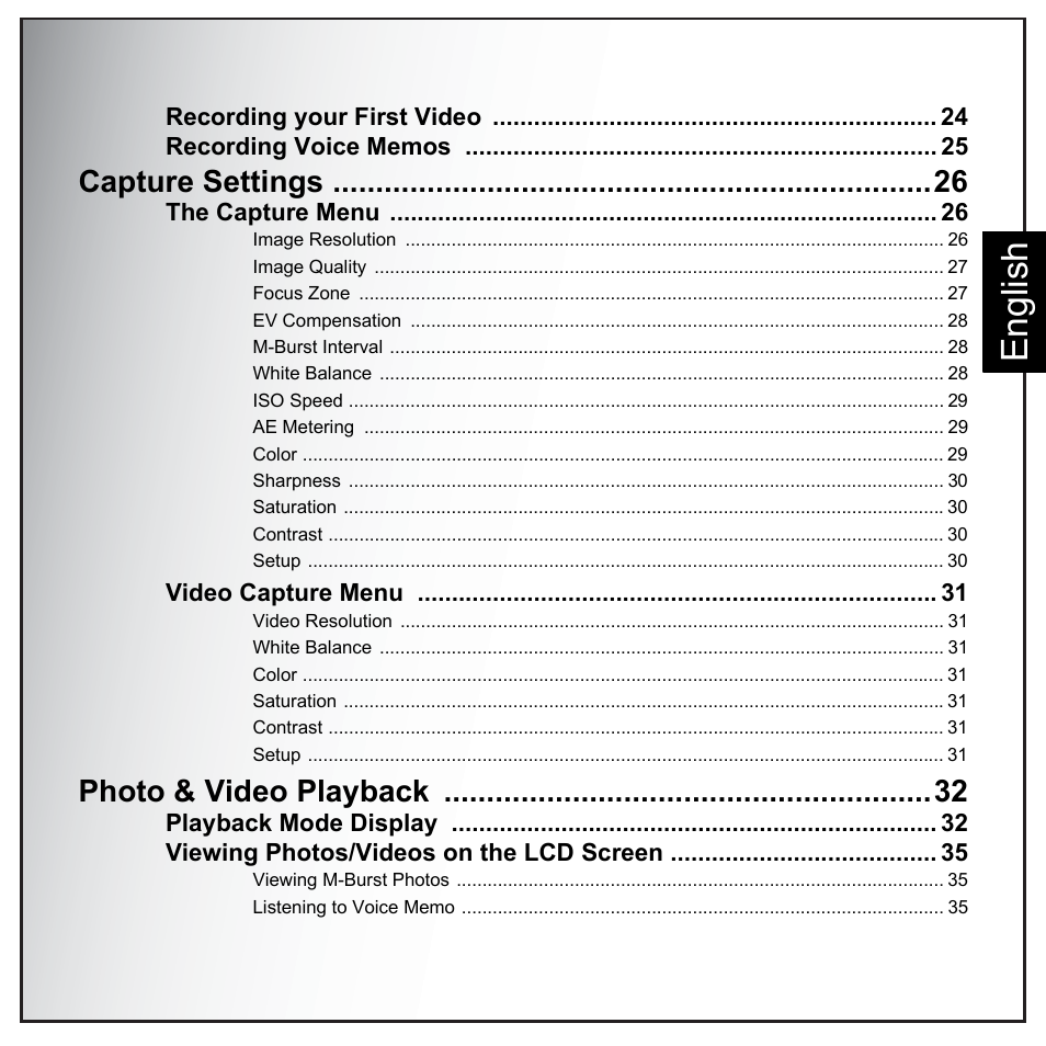 English, Capture settings, Photo & video playback | Sanyo VPC-E890 User Manual | Page 13 / 73