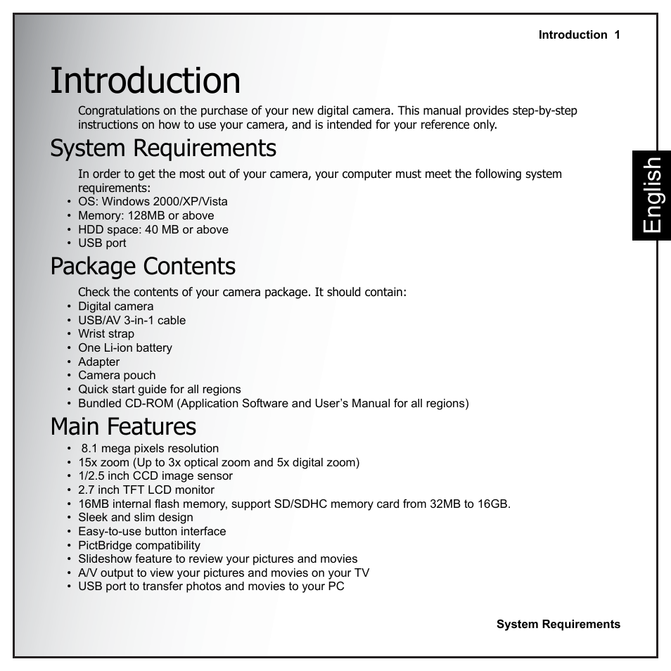 Introduction, System requirements, Package contents | Main features, System requirements package contents main features, Eng lish | Sanyo VPC-E890 User Manual | Page 17 / 73