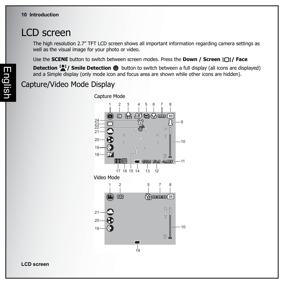Lcd screen, Capture/video mode display, English lcd screen | Sanyo VPC-E890 User Manual | Page 26 / 73