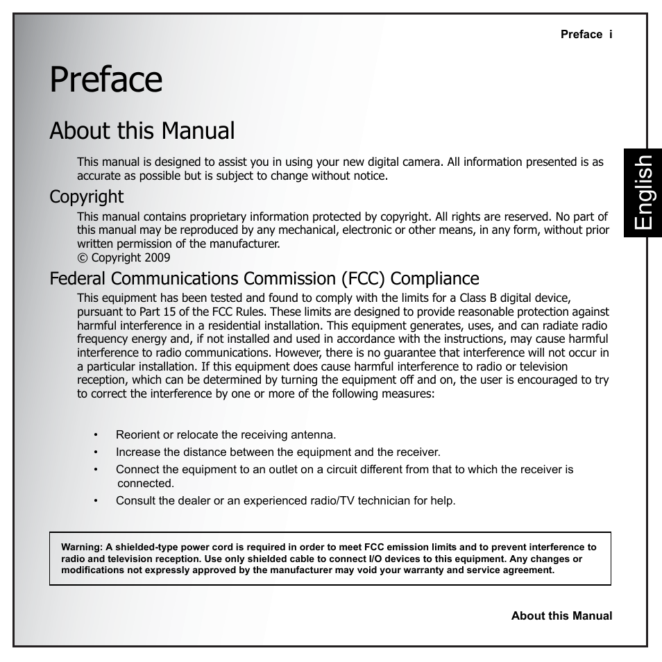 Preface, About this manual, Copyright | Federal communications commission (fcc) compliance, Eng lish | Sanyo VPC-E890 User Manual | Page 3 / 73