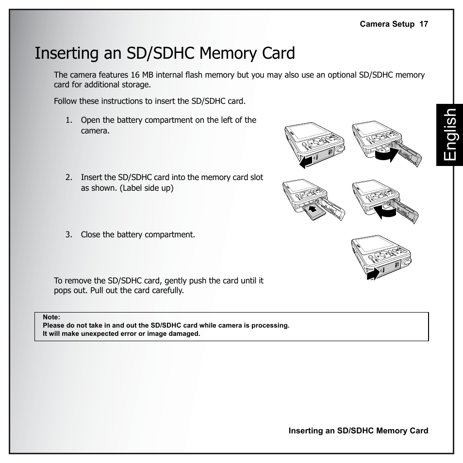 Inserting an sd/sdhc memory card | Sanyo VPC-E890 User Manual | Page 33 / 73