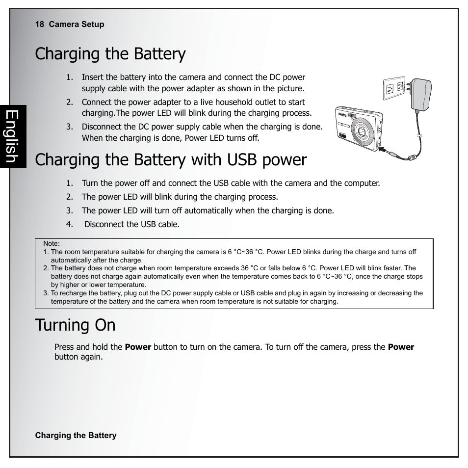 Charging the battery, Charging the battery with usb power, Turning on | English charging the battery | Sanyo VPC-E890 User Manual | Page 34 / 73