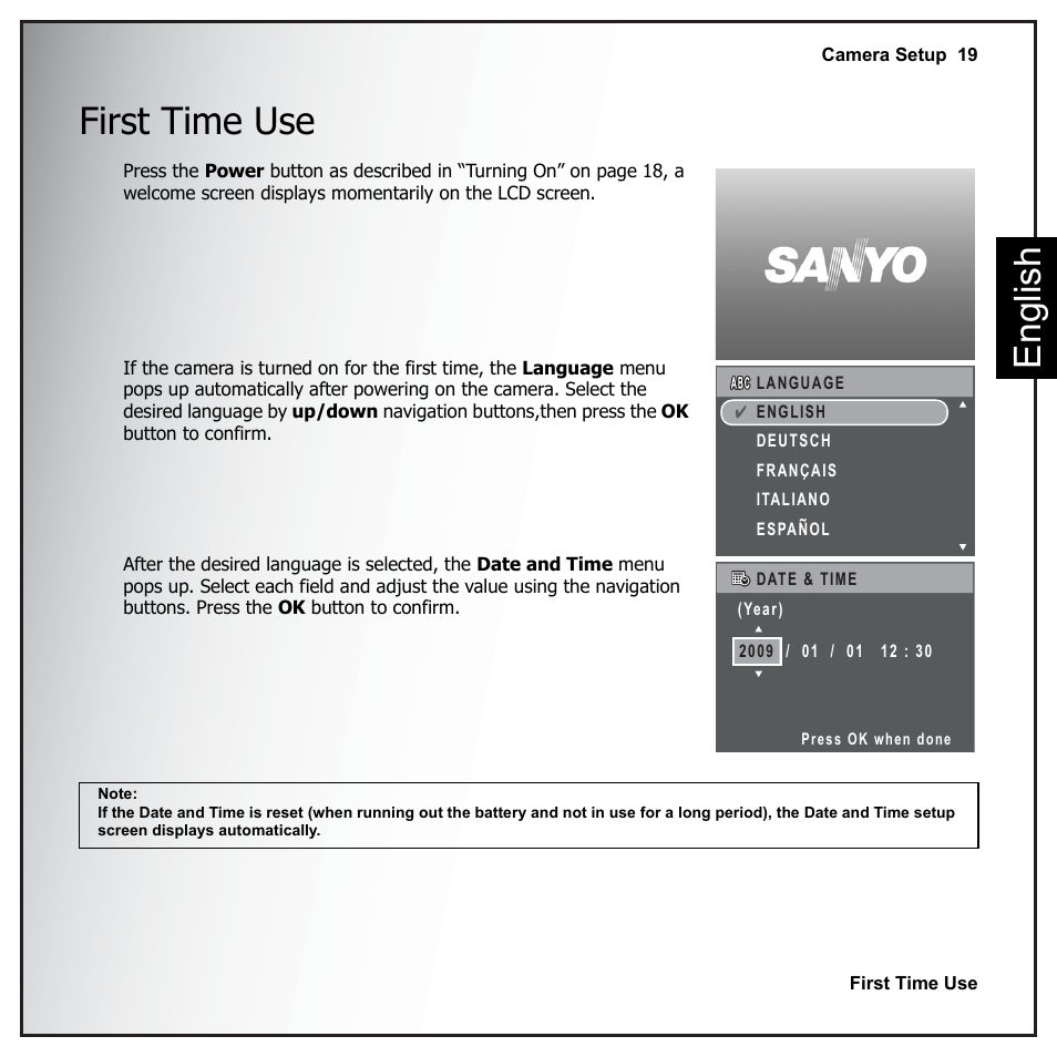 First time use, Eng lish first time use | Sanyo VPC-E890 User Manual | Page 35 / 73