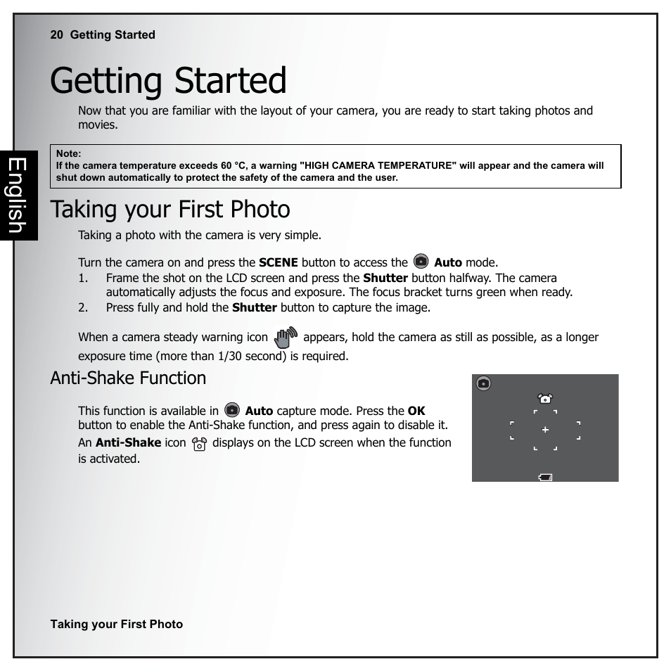 Getting started, Taking your first photo, Anti-shake function | English | Sanyo VPC-E890 User Manual | Page 36 / 73