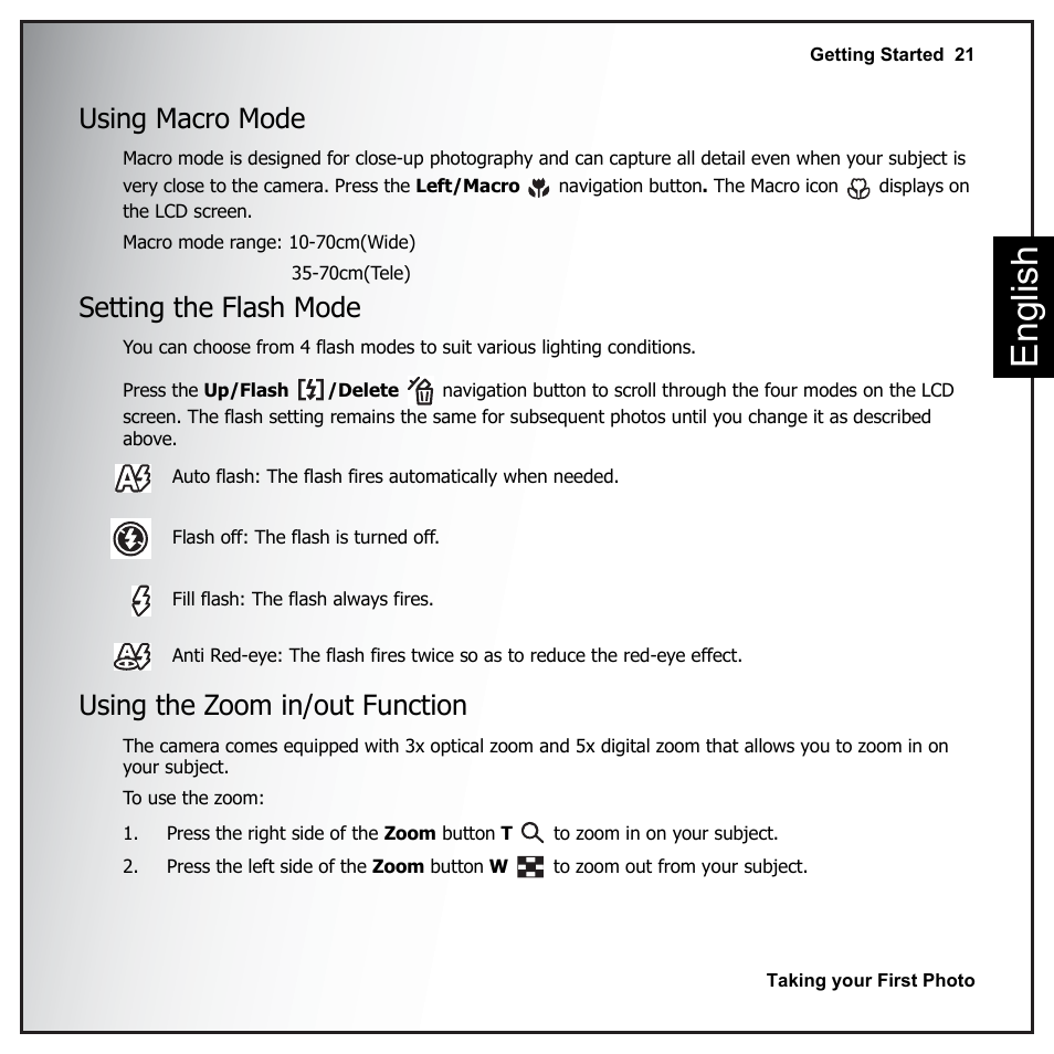 Using macro mode, Setting the flash mode, Using the zoom in/out function | Eng lish | Sanyo VPC-E890 User Manual | Page 37 / 73